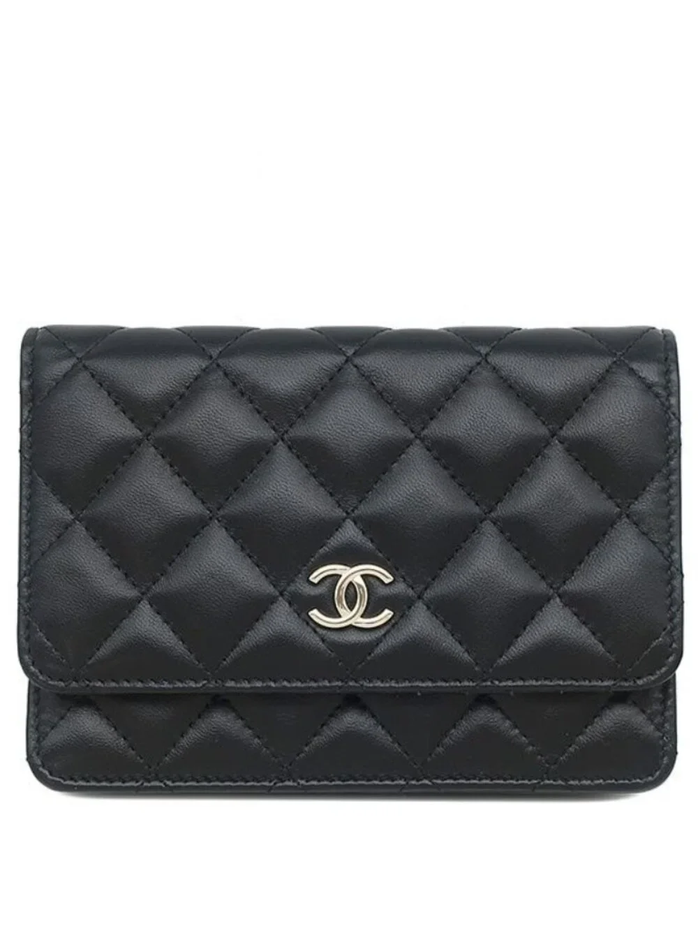 Chanel Chain Wallet Quilted Mini Lambskin Black Gold CC Logo Camellia 31